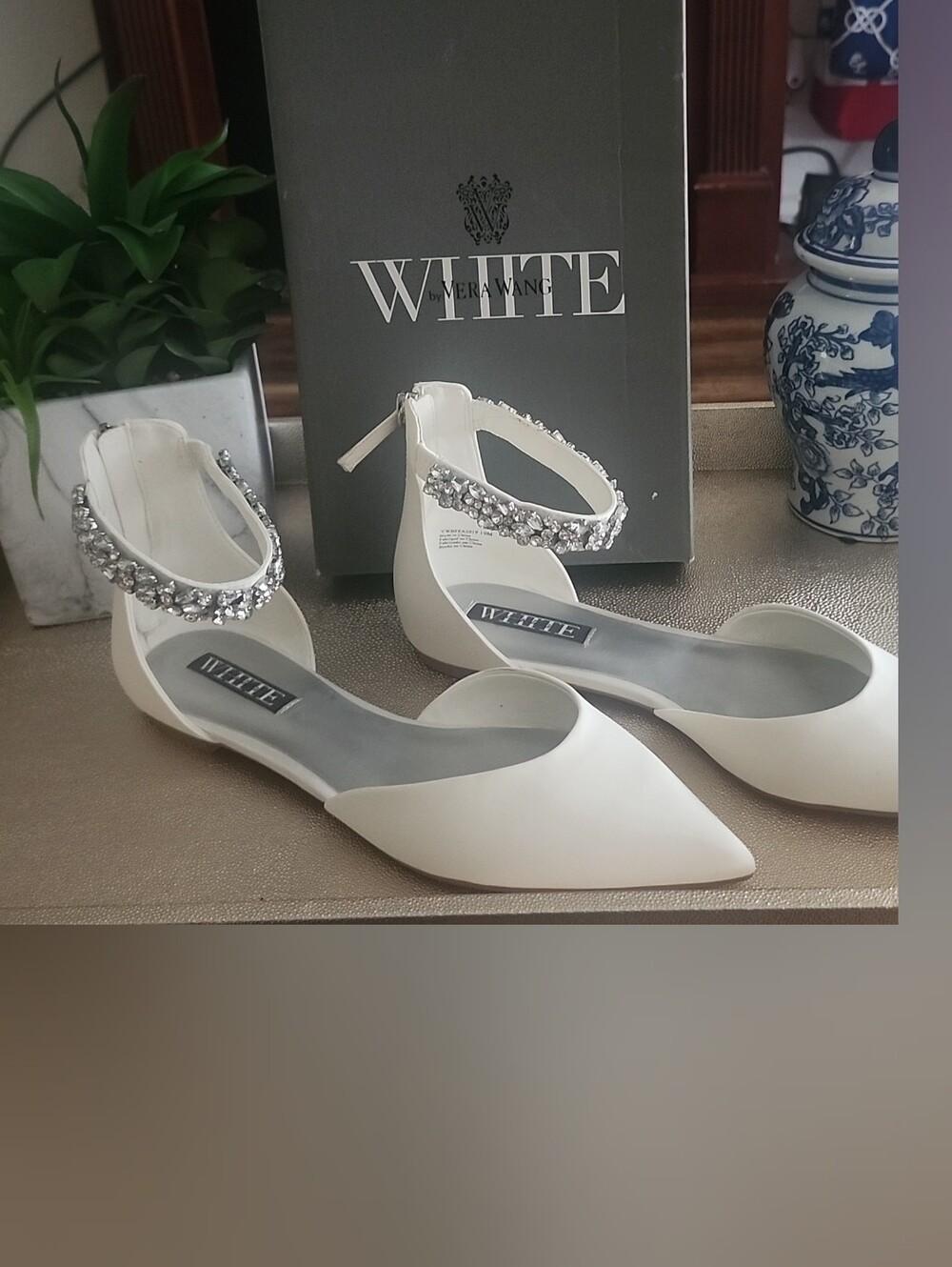 WHITE By Vera Wang Crystal-Ankle Strap Pointed-Toe Wedding Flats